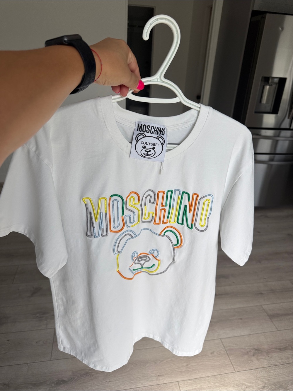 Moschino White Short Sleeve Tee with Multicolor Logo & Bear